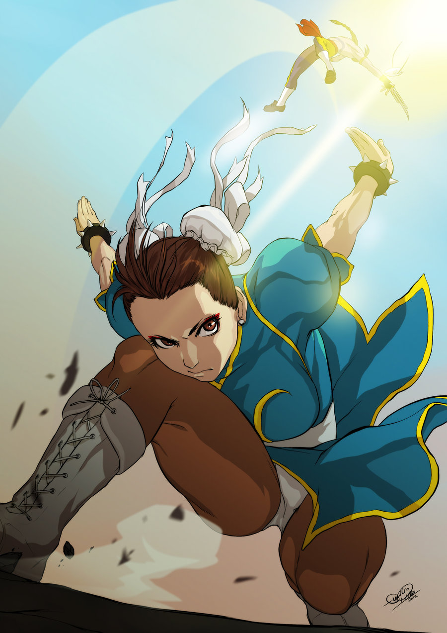 1girl angry armlet armpits arms_up balrog bangs battle bent_over blurry boots bracelet braid breasts brown_hair brown_legwear bun_cover china_dress chinese_clothes chun-li claw_(weapon) cross-laced_footwear crotch dirt double_bun dress dust emilio_pilliu eyeshadow fighting_stance foreshortening frills highres jewelry knee_boots knee_to_chest kneehighs large_breasts light_rays loafers long_hair looking_at_viewer makeup motion_blur orange_eyes outdoors outstretched_arm pants pantyhose pelvic_curtain sash shirtless shoes short_hair signature single_braid sky spiked_bracelet spikes spread_legs squatting street_fighter sun sunbeam sunlight thighs upskirt weapon white_legwear wind