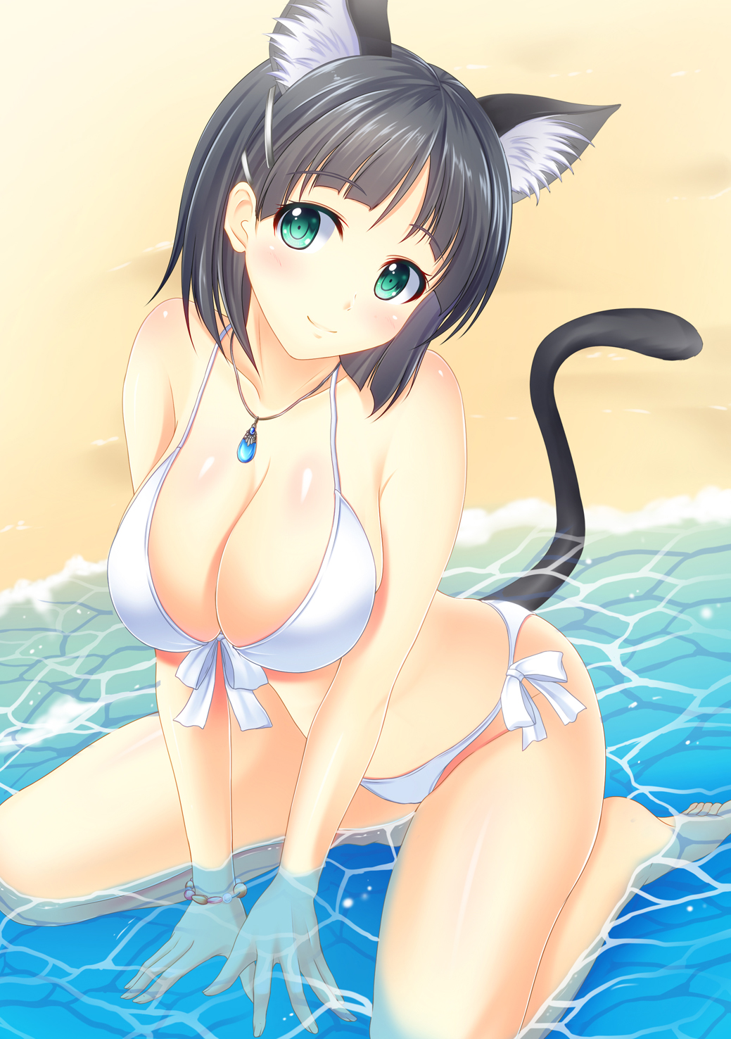 animal_ears arm_support bad_id bad_pixiv_id bikini black_hair bracelet breasts cat_ears cat_tail cleavage front-tie_top green_eyes highres jewelry kirigaya_suguha large_breasts looking_at_viewer partially_submerged pasdar pendant shiny shiny_skin short_hair sitting smile solo swimsuit sword_art_online tail wariza water white_bikini