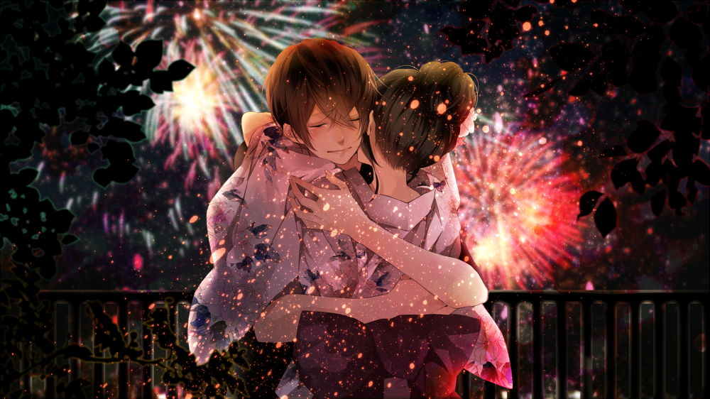 1girl aerial_fireworks arm_around_shoulder bad_id bad_pixiv_id black_hair blurry blurry_background brown_hair closed_eyes closed_mouth couple fireworks floral_print flower hair_between_eyes hair_bun hair_flower hair_ornament hand_on_another's_shoulder hetero japanese_clothes kimono light_particles light_smile long_hair long_sleeves nape niconico night obi original outdoors plant railing ramu_(xxxramxxx) sash shoose short_hair sleeves_pushed_up smile upper_body vocaloid yukata