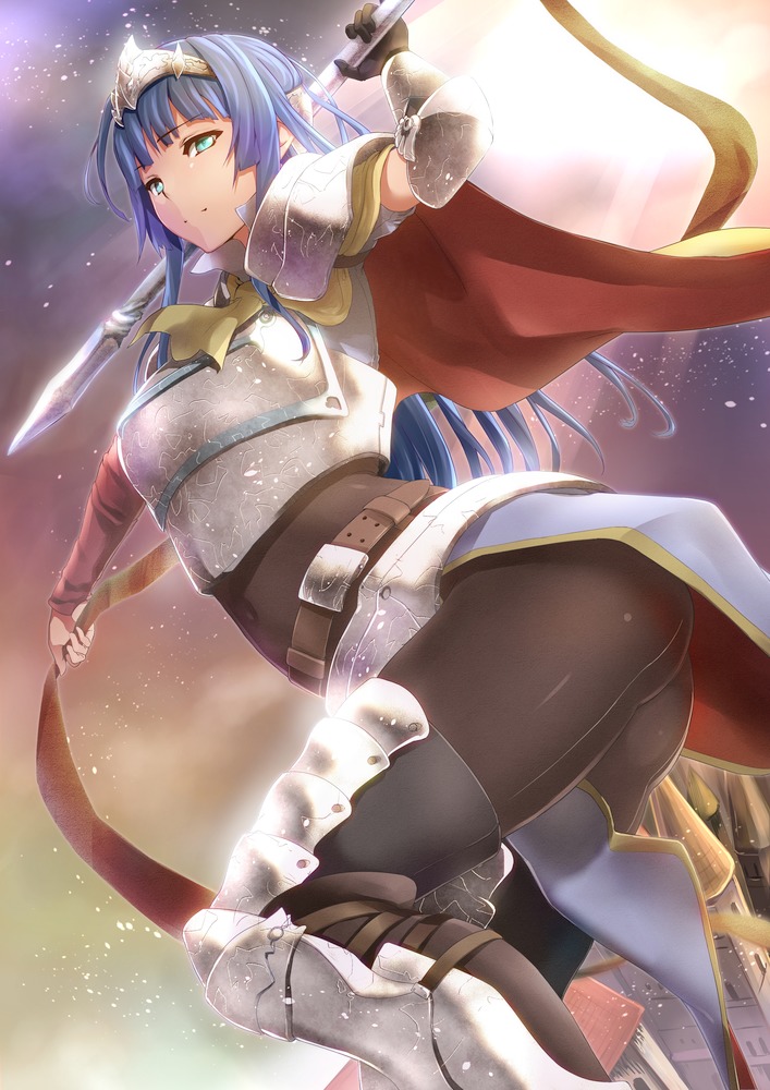 arm_up armor ass belt blue_hair breastplate cape castle circlet greaves green_eyes hime_cut knight long_hair original pantyhose pauldrons polearm shinon_(tokage_shuryou) solo spear weapon