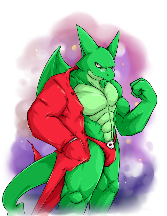 abs biceps clothing dragon eyewear fist flexing glasses green_skin leviathan male muscles open_shirt pecs pose red_eyes scales scalie shirt skull solo speedo standing swimsuit topless undressing waddledox wings