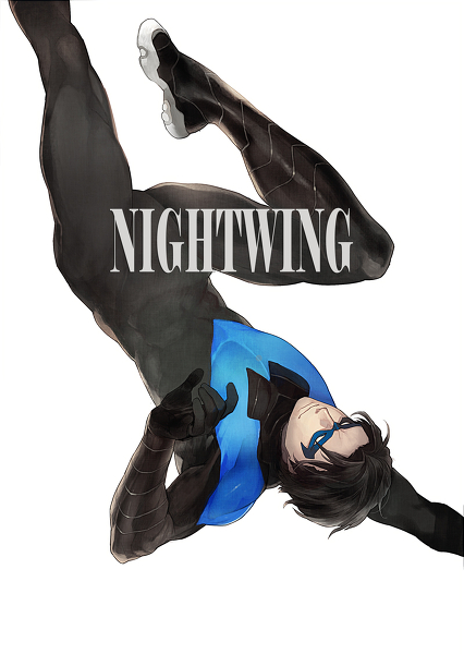 1boy batman_(series) bodysuit boots character_name dc_comics dick_grayson domino_mask eyin falling gloves male male_focus mask muscle nightwing simple_background solo upside-down