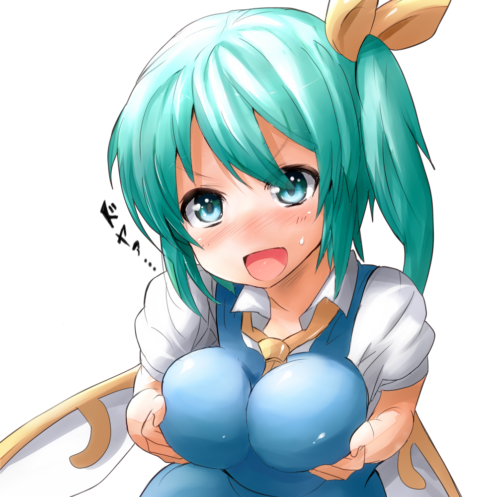 :d breast_lift breasts daiyousei dress fairy_wings green_eyes green_hair hair_ribbon impossible_clothes impossible_dress kuromu_(underporno) large_breasts open_mouth ribbon short_hair side_ponytail simple_background smile solo teasing touhou v-shaped_eyebrows white_background wings