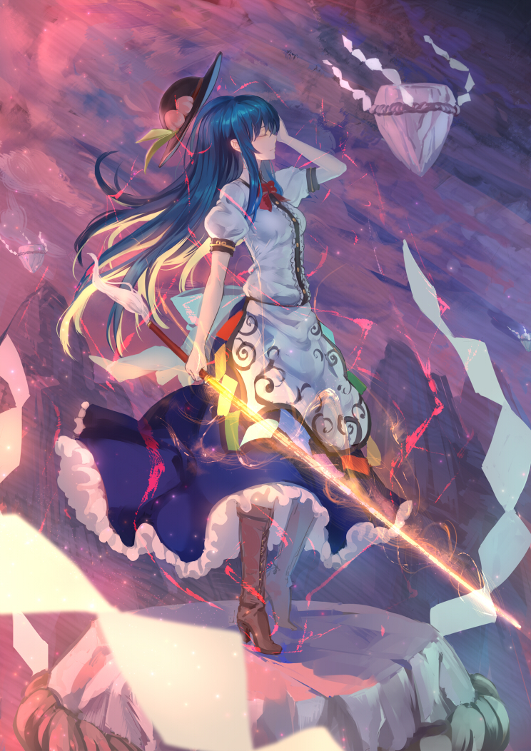arm_up blue_hair boots closed_eyes cross-laced_footwear dress food fruit hat hat_removed headwear_removed high_heels hinanawi_tenshi keystone lace-up_boots long_hair peach ryuuzaki_ichi shoes solo standing sword_of_hisou touhou wind