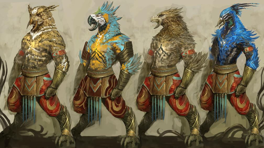 ambiguous_gender avian beak bird blue_feathers brown_feathers claws clothed clothing feathers gauntlets grey_background guild_wars hawk kekai_kotaki macaw open_mouth owl parrot peacock plain_background realistic standing tengu tusks video_games yellow_feathers