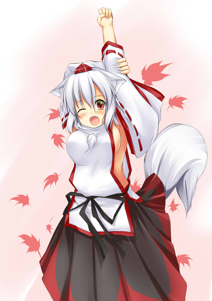 animal_ears armpits arms_up autumn_leaves blush breasts cowboy_shot detached_sleeves fang hat hoshizuki_(seigetsu) inubashiri_momiji large_breasts long_sleeves looking_at_viewer no_bra one_eye_closed open_mouth red_eyes shirt short_hair side_slit sideboob silver_hair skirt solo stretch tail tokin_hat touhou wide_sleeves wolf_ears wolf_tail