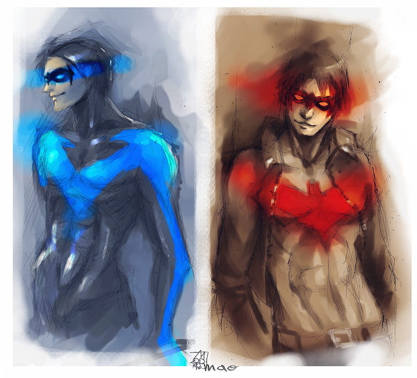 2boys akimao bat_symbol batman_(series) blue bodysuit brother brothers dc_comics dick_grayson domino_mask family jacket jason_todd male male_focus mask multiple_boys muscle nightwing red red_hood red_hood_(dc) siblings spot_color