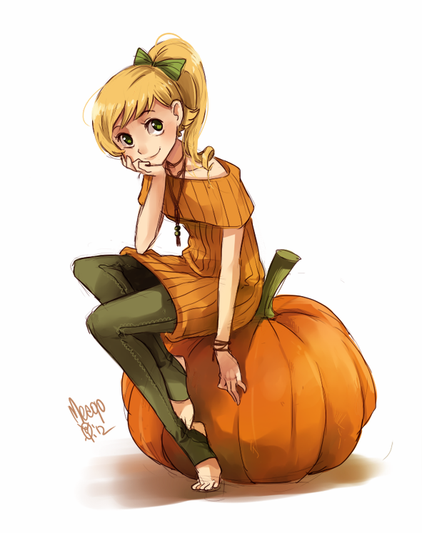 barefoot blonde_hair bow bracelet chin_rest green_eyes hair_bow jewelry long_hair looking_at_viewer meago necklace orange_shirt original ponytail pumpkin shirt sitting smile solo sweater tied_hair toeless_legwear