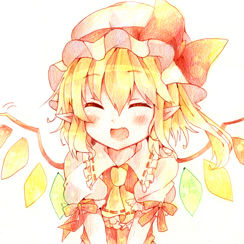 abandon_ranka ascot bad_id bad_pixiv_id ballpoint_pen_(medium) blonde_hair blush closed_eyes colored_pencil_(medium) dress fang flandre_scarlet hat hat_ribbon open_mouth pointy_ears puffy_sleeves red_dress ribbon shirt short_sleeves side_ponytail smile solo touhou traditional_media wings