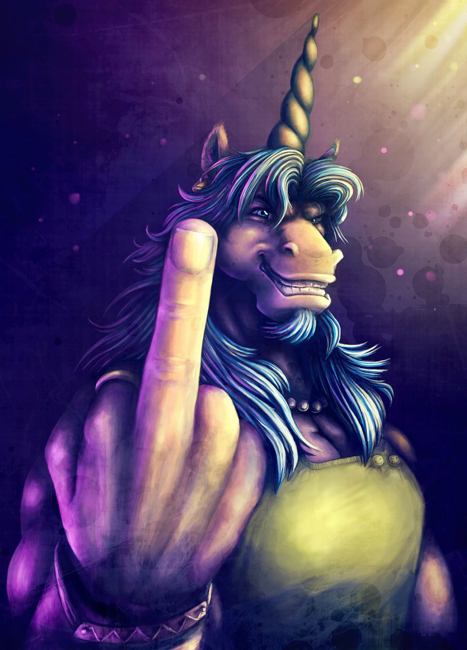 blue_eyes blue_hair clenched_teeth clothing darthiawolf ear_piercing equine facial_hair fuck_off hair horn long_hair looking_at_viewer male mammal manly middle_finger piercing reaction_image ring shirt teeth unicorn