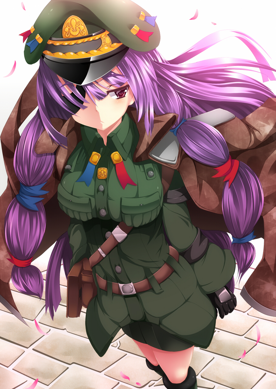 blush book boots bow breasts colorized eyepatch gloves goma_azarasi hair_bow hair_ribbon hat highres jacket long_hair md5_mismatch medium_breasts military military_uniform patchouli_knowledge purple_eyes purple_hair ribbon skirt solo sukage touhou uniform