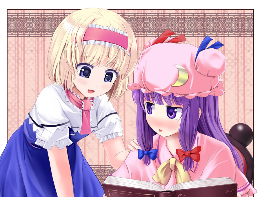 :d a_(aaaaaaaaaaw) alice_margatroid blonde_hair blue_dress blue_eyes blush book bow capelet chair crescent dress hair_bow hairband hand_on_shoulder hat long_hair mob_cap multiple_girls open_mouth patchouli_knowledge puffy_short_sleeves puffy_sleeves purple_eyes purple_hair ribbon short_hair short_sleeves sidelocks sitting smile sweatdrop touhou yellow_bow