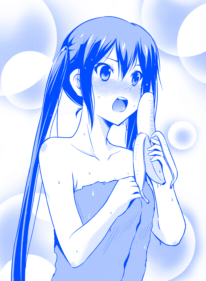 banana blue blush collarbone food fruit holding k-on! long_hair monochrome na!_(na'mr) nakano_azusa naked_towel open_mouth round_teeth sexually_suggestive solo teeth towel twintails wet