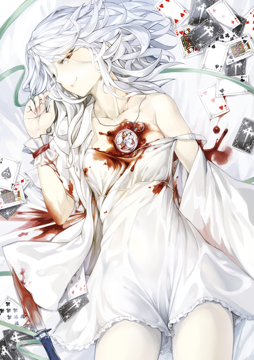 blood bloody_knife braid breasts card check_translation collarbone commentary geppewi izayoi_sakuya knife looking_at_viewer lying medium_breasts off_shoulder on_back playing_card pocket_watch silver_hair skirt smile solo strap_slip touhou translation_request twin_braids watch white white_skirt wrist_cuffs
