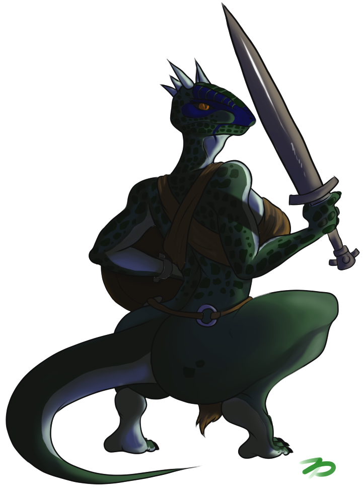 breasts claws clothing crouching female green_body hindpaw horn markings nude orange_eyes paws plain_background reptile scales scalie shield soles solo standing_on_toes sword the_elder_scrolls the_elder_scrolls_v:_skyrim toes video_games weapon white_background zp92