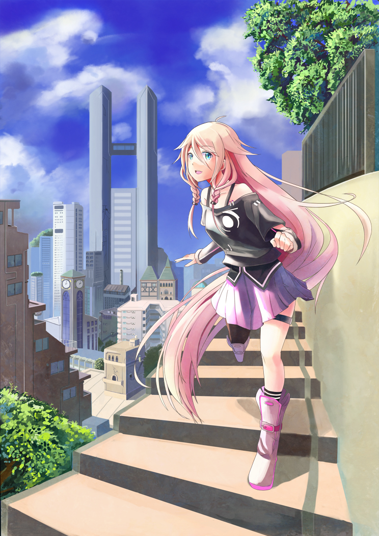 blue_eyes braid cityscape cloud day ia_(vocaloid) long_hair looking_at_viewer murakami_monako open_mouth outdoors pink_hair skirt sky smile solo twin_braids very_long_hair vocaloid