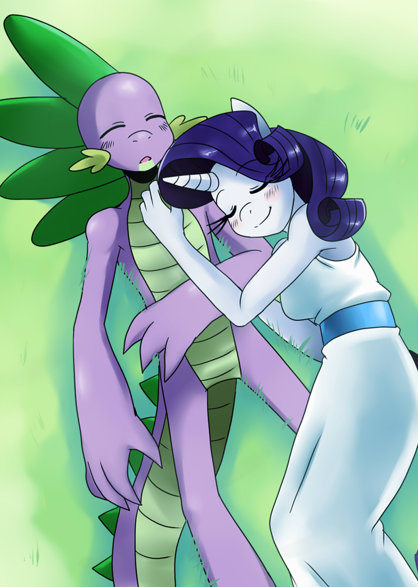 anthro anthrofied blush clothing dragon duo equine eyes_closed female friendship_is_magic grass hair horn horse male mammal my_little_pony pony purple_hair rarity_(mlp) scalie sleeping smile spike_(mlp) sssonic2 unicorn