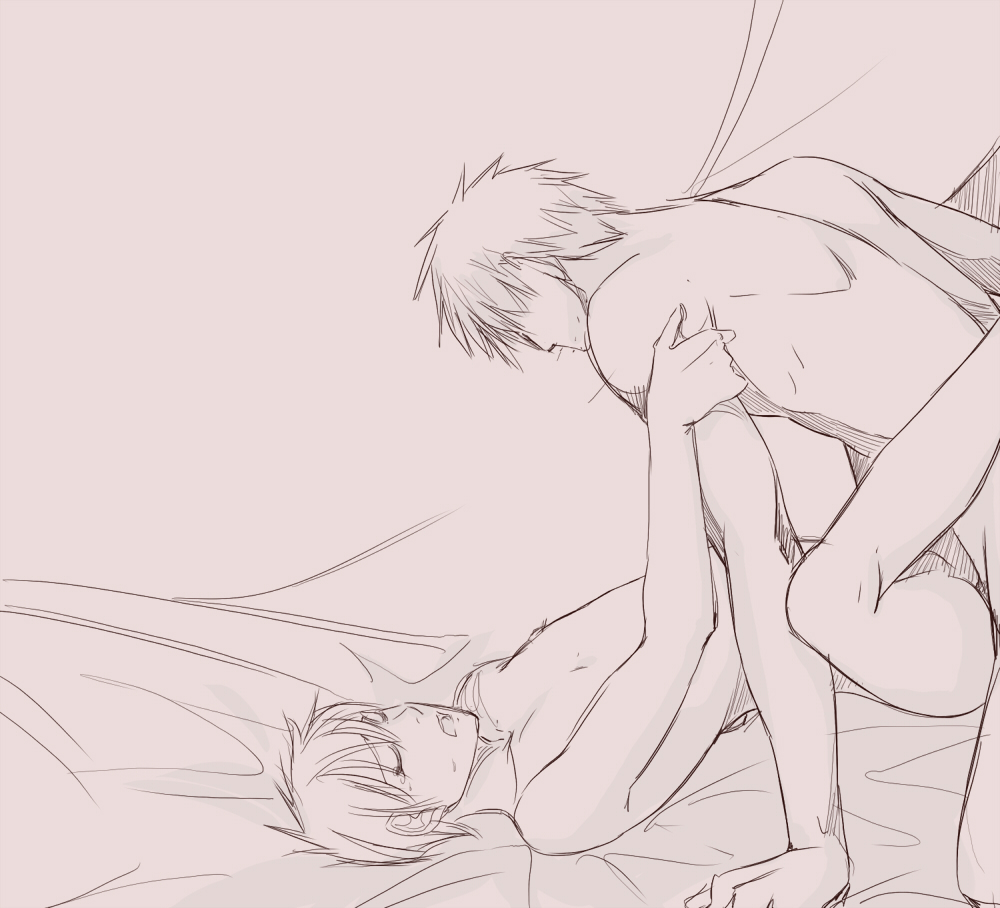 2boys anal aomine_daiki bottomless kuroko_no_basuke kuroko_tetsuya male_focus monochrome multiple_boys sex topless yaoi