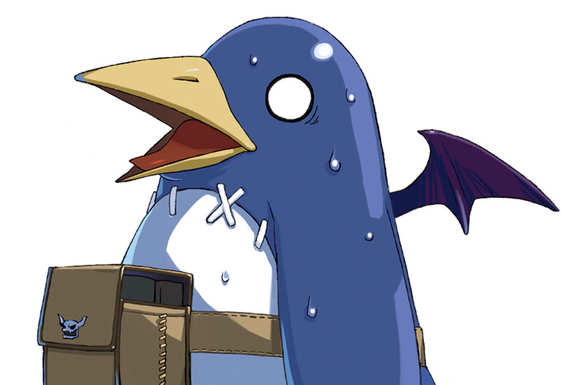 avian beak blue_body disgaea horn o_o open_mouth penguin plain_background pouch prinny skull standing stiches stitches surprise sweat sweatdrop tongue unknown_artist white_background wings