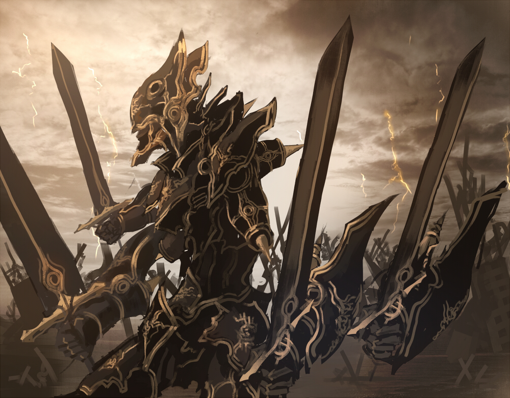 armor cloud dark_sky gauntlets helmet lightning makai_no_juumin monochrome multiple_arms original sword weapon