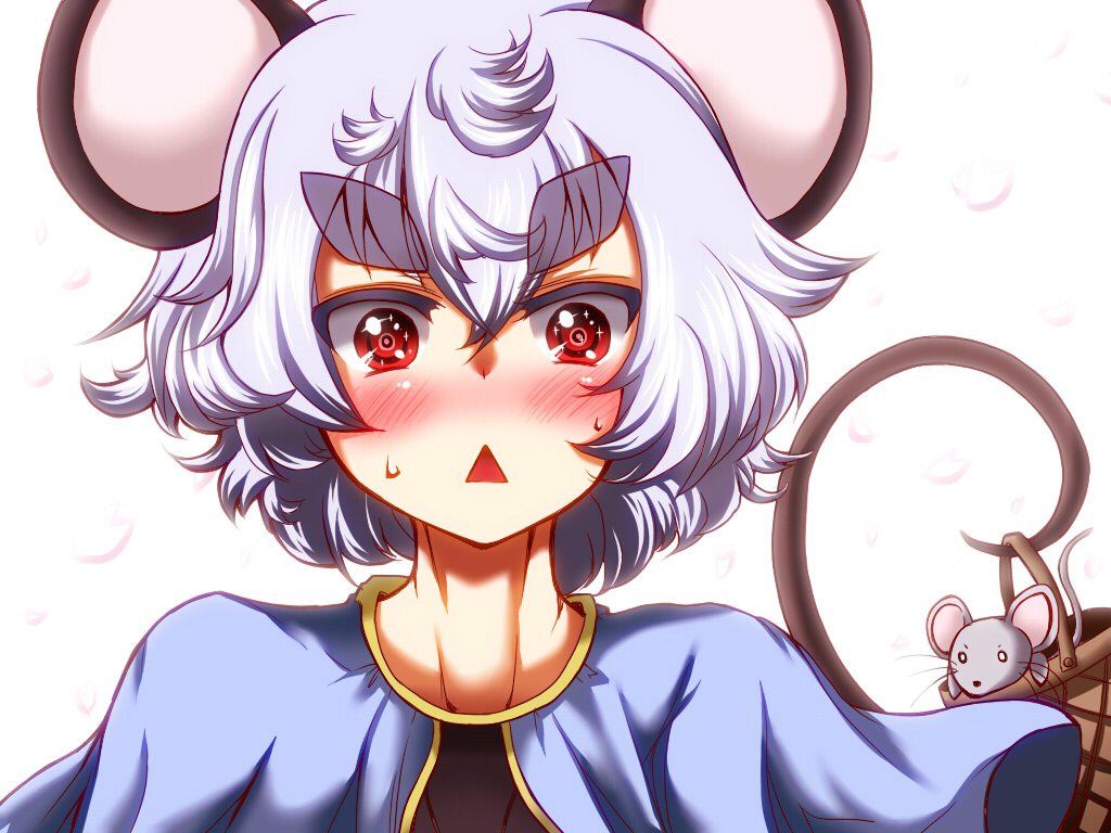:&lt; animal_ears basket blush eyebrows grey_hair mouse mouse_ears mouse_tail nazrin red_eyes solo tail thick_eyebrows touhou triangle_mouth zan_(harukahime)