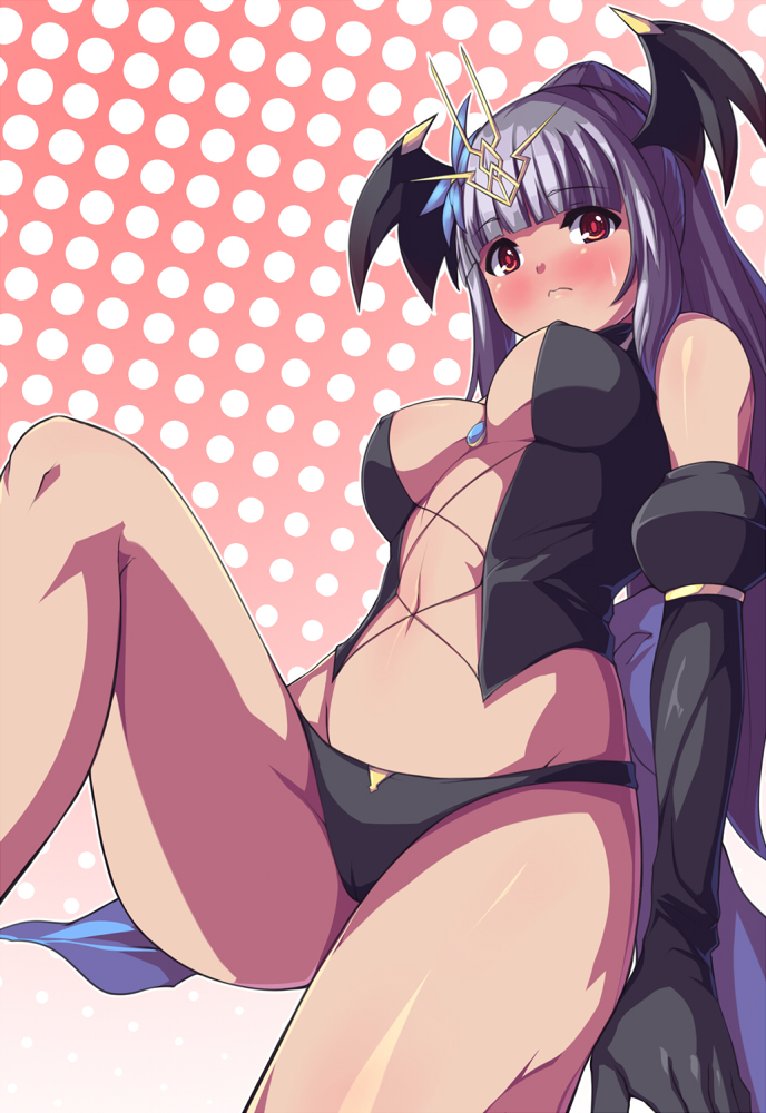 blue_hair blush breasts center_opening elbow_gloves gloves head_wings legs long_hair looking_at_viewer medium_breasts original polka_dot polka_dot_background red_eyes saiste solo