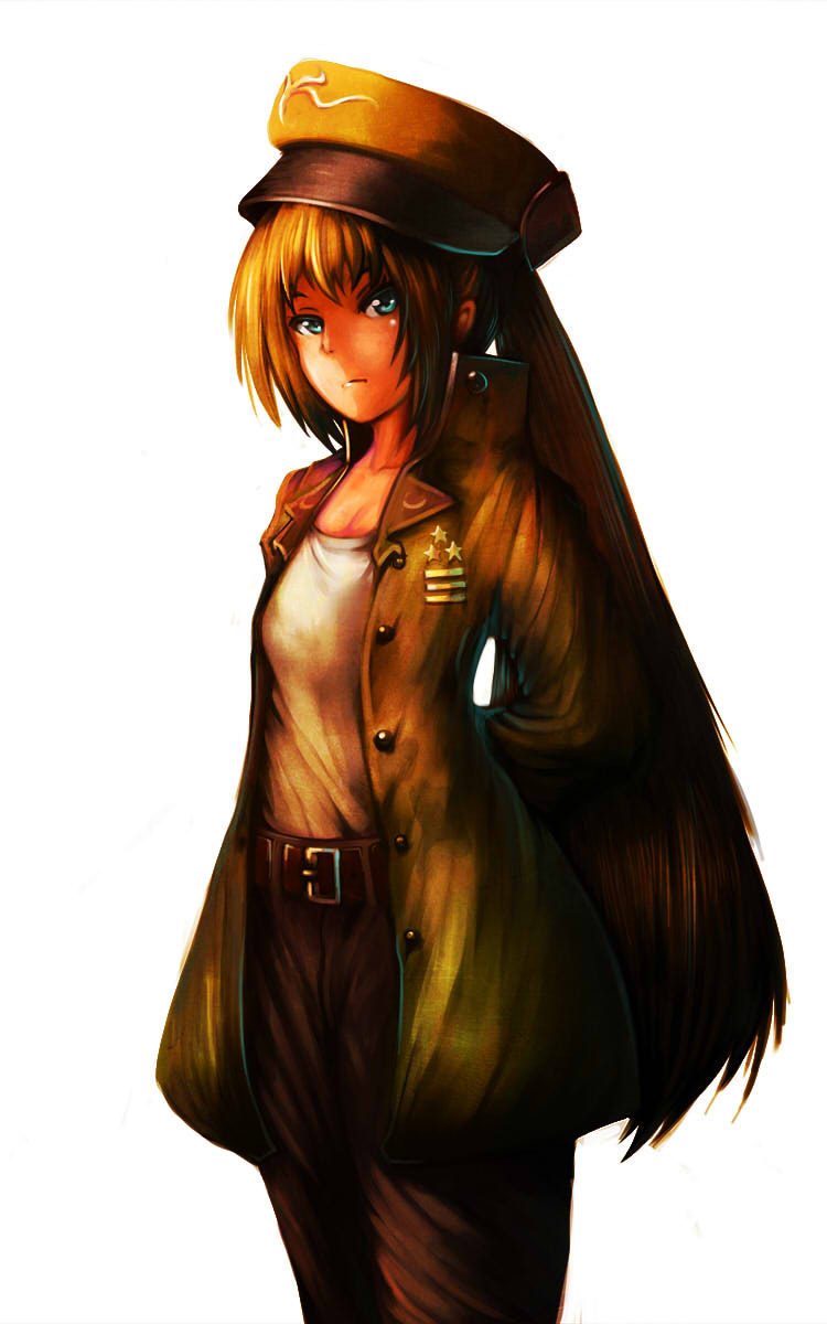 aqua_eyes arms_behind_back belt brown_hair cowboy_shot expressionless hat highres long_hair original simple_background solo very_long_hair yilx