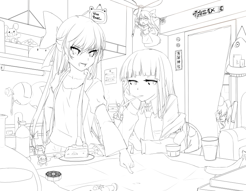 :d cake door food fujiwara_no_mokou gourd houraisan_kaguya inaba_tewi indoors leaning_forward lineart long_hair long_sleeves magister_(medical_whiskey) map mini-hakkero monochrome multiple_girls open_mouth scroll shanghai_doll smile spoon spoon_in_mouth table touhou very_long_hair