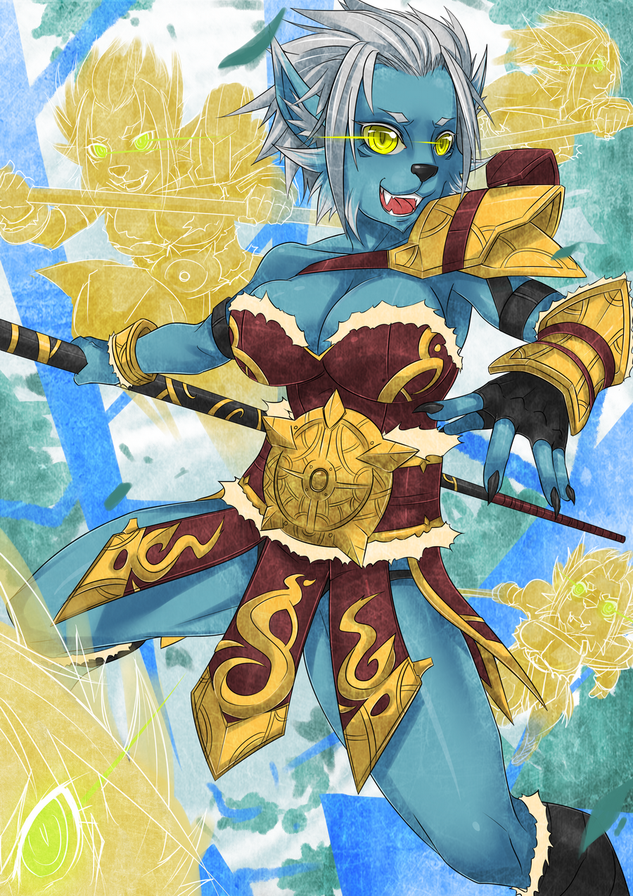 armor azwraith_(dota) blue_skin breasts clone defense_of_the_ancients dota_2 exaxuxer fangs furry genderswap genderswap_(mtf) highres large_breasts polearm solo weapon yellow_eyes