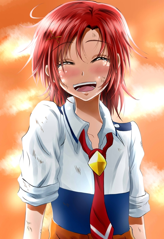 closed_eyes dirt hair_down hair_ornament hairclip hino_akane_(smile_precure!) nanairogaoka_middle_school_uniform necktie open_mouth precure red_hair school_uniform shogo_(4274732) sleeves_rolled_up smile smile_precure! solo tears twilight