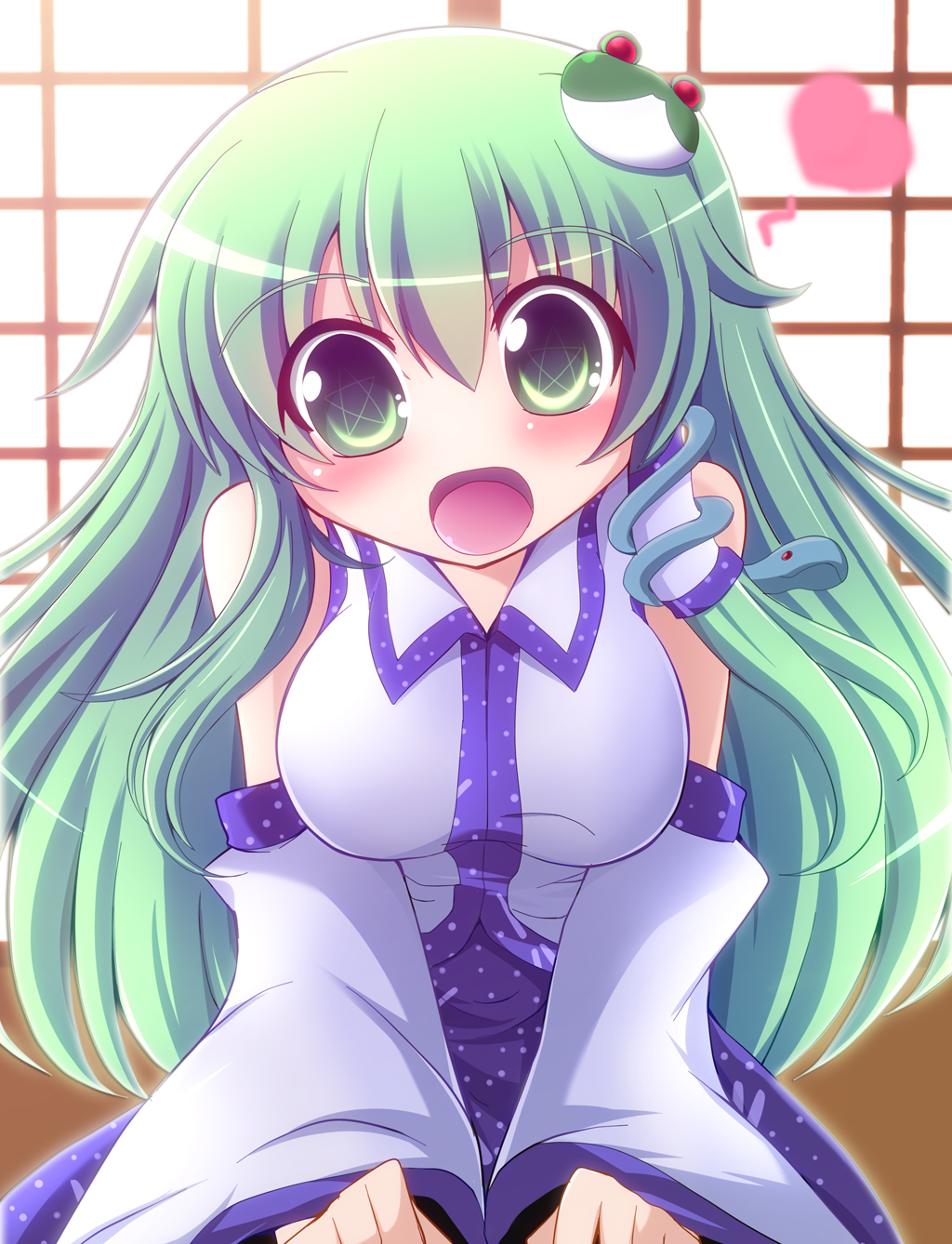 bare_shoulders blush breasts detached_sleeves frog_hair_ornament geo_(yukishitadou) green_eyes green_hair hair_ornament hair_tubes heart highres kochiya_sanae large_breasts long_hair open_mouth sidelocks smile snake_hair_ornament solo star star-shaped_pupils symbol-shaped_pupils touhou