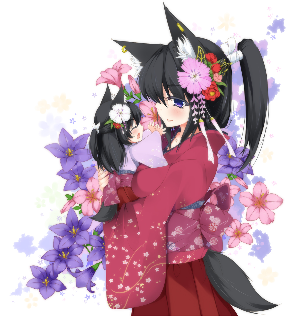 :d ^_^ animal_ears black_hair blush child closed_eyes earrings flower fox_ears fox_tail hair_flower hair_ornament haru_(matatabi_sanjou) holding japanese_clothes jewelry kimono long_hair mole multiple_girls obi open_mouth original outstretched_arms ponytail purple_eyes sash smile tail white_background