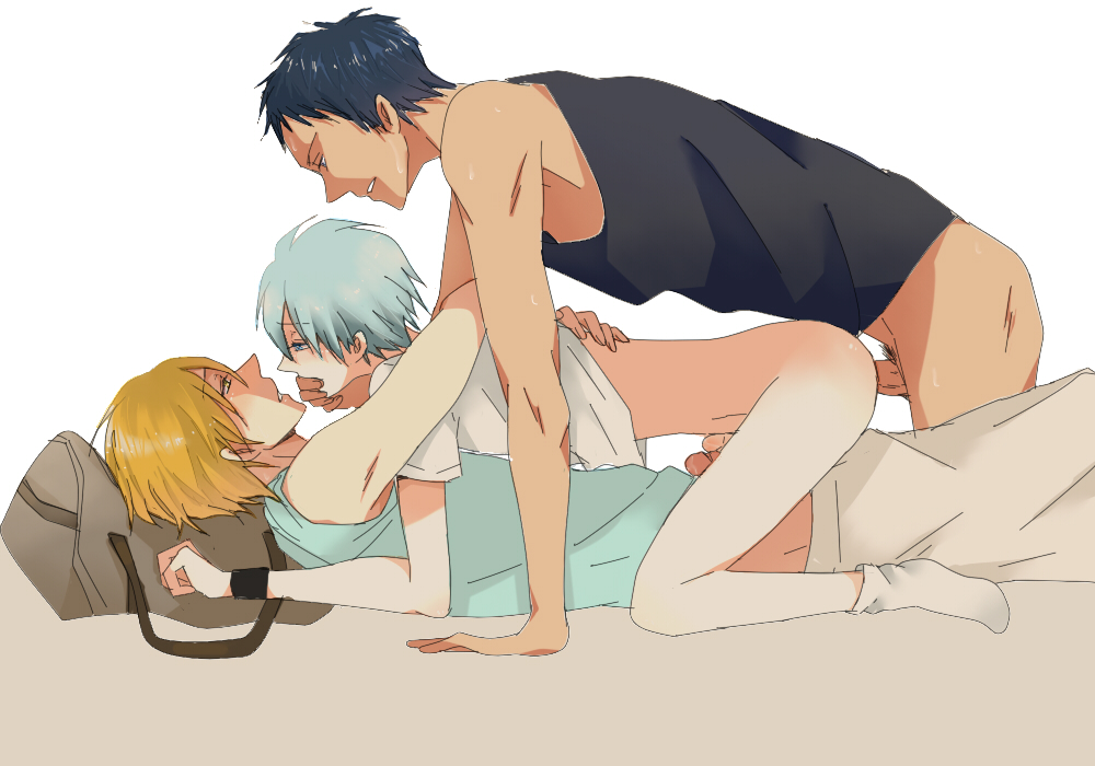 3boys anal aomine_daiki bag blonde_hair blue_eyes blue_hair blush bottomless from_behind frottage grinding group_sex hand_on_mouth kise_ryouta kuroko_no_basuke kuroko_tetsuya male male_focus matching_hair/eyes multiple_boys multiple_penises penis penises_touching sex sweat threesome uncensored yaoi yellow_eyes