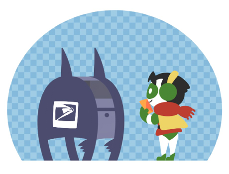 batman_(series) black_hair cape checkered checkered_background chibi dc_comics deeeeco domino_mask envelope gloves green_shoes jason_todd lowres mail mailbox mask robin_(dc) scarf shoes smile us_mail