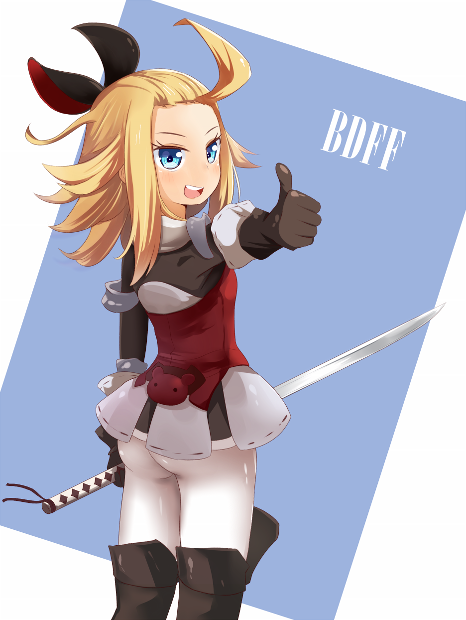 armor armored_dress ass bad_id bad_pixiv_id blonde_hair blue_background blue_eyes bravely_default:_flying_fairy bravely_default_(series) copyright_name cupen edea_lee highres long_hair pantyhose solo sword weapon