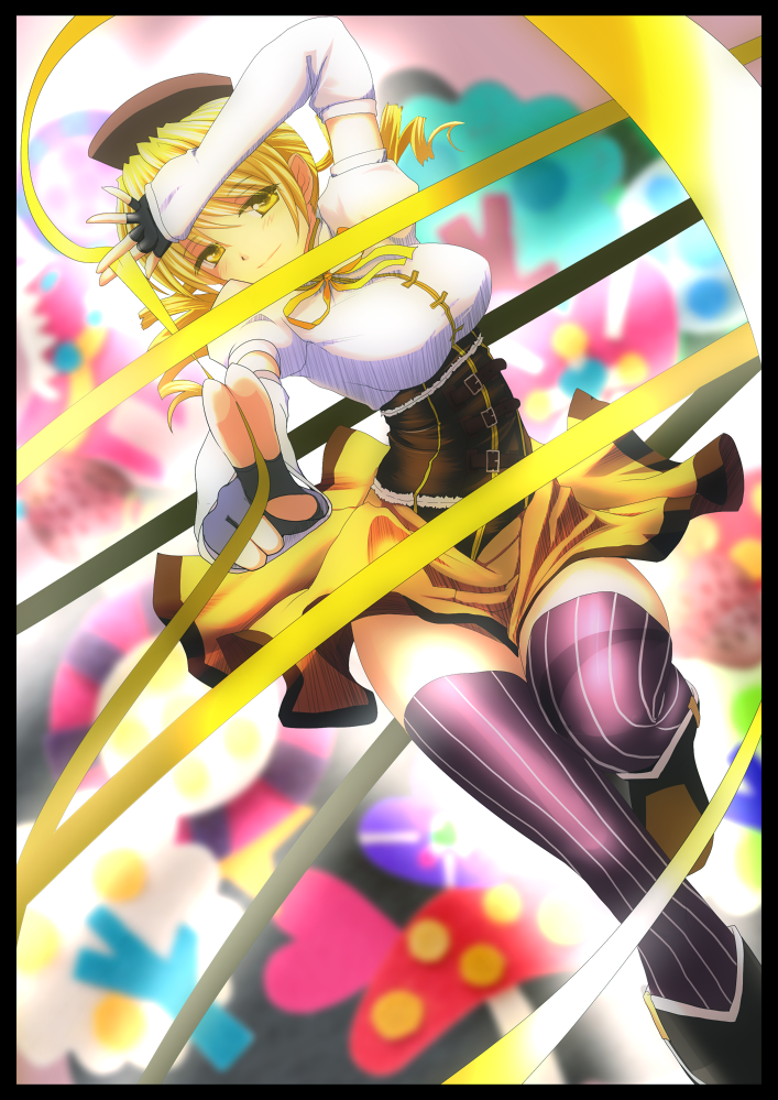 beret blonde_hair breasts corset detached_sleeves drill_hair fingerless_gloves gloves hair_ornament hat ishikkoro large_breasts long_hair magical_girl mahou_shoujo_madoka_magica outstretched_arms ribbon skirt smile solo striped striped_legwear thighhighs tomoe_mami twin_drills twintails yellow_eyes
