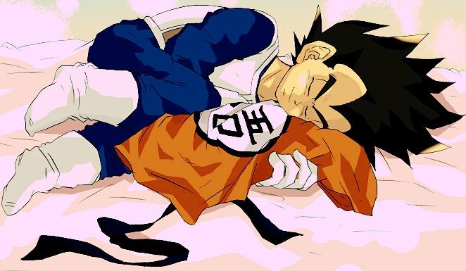 1boy artist_request bed bed_sheet black_hair boots clothes dougi dragon_ball dragonball_z eyebrows eyes_closed gi gloves holding japanese love lying male male_focus on_side sash sheets smile solo spiked_hair thick_eyebrows vegeta