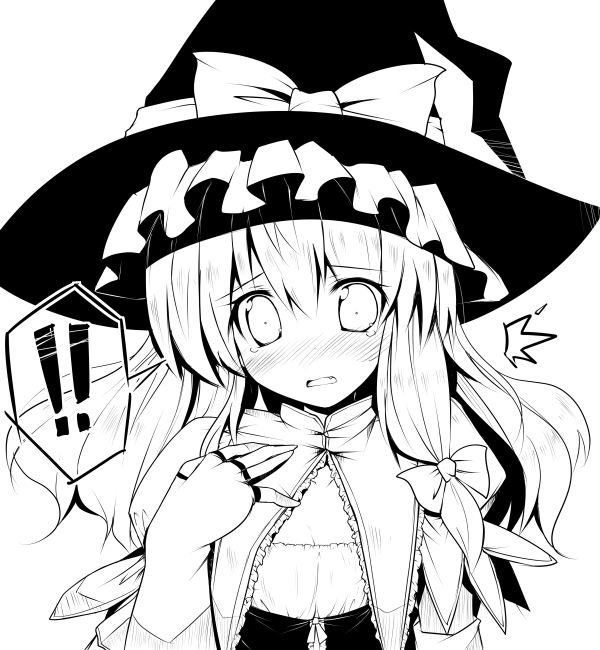 1girl ai_takurou blush bow capelet greyscale hair_bow hat hat_bow kirisame_marisa long_hair looking_at_viewer monochrome solo tears touhou witch_hat