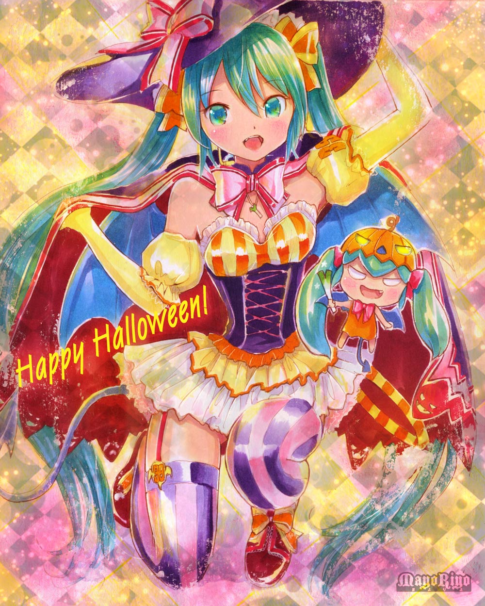 :d aqua_eyes aqua_hair argyle argyle_background arm_up artist_name blush cape chibi elbow_gloves fang gloves halloween happy_halloween hat hatsune_miku highres holding long_hair looking_at_viewer mayo_riyo multiple_girls open_mouth smile spring_onion striped striped_legwear thighhighs twintails vertical-striped_legwear vertical_stripes very_long_hair vocaloid witch_hat