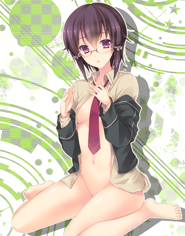 asada_shino bad_id bad_pixiv_id barefoot black_hair bottomless breasts brown_eyes glasses groin long_legs looking_at_viewer medium_breasts mitsu_king necktie no_bra open_clothes open_shirt outline shirt short_hair sitting solo sword_art_online wariza