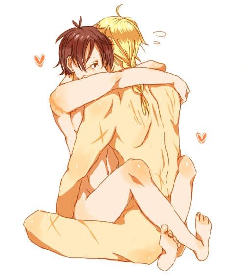 2boys aoi_toori blonde_hair brown_hair hug kyoukai_senjou_no_horizon kyoukaisenjou_no_horizon male male_focus multiple_boys nude tenzou_crossunite yaoi