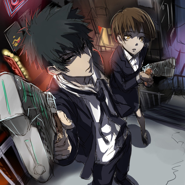 1boy 1girl black_hair brown_eyes brown_hair city dominator_(gun) formal from_above gun handgun kougami_shin'ya lights necktie psycho-pass sign suit tsunemori_akane weapon