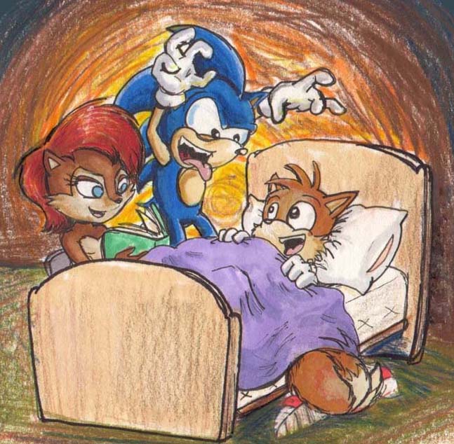 bed blue_eyes canine chipmunk female fox hedgehog male mammal miles_prower pillow rodent sally_acorn sega sonic_(series) sonic_the_hedgehog