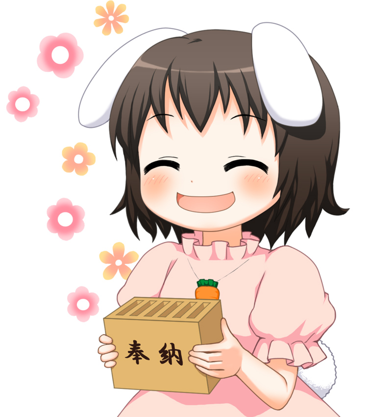 ^_^ animal_ears bebeneko black_hair blush box bunny_ears carrot closed_eyes donation_box flower inaba_tewi open_mouth short_hair smile solo tail touhou white_background