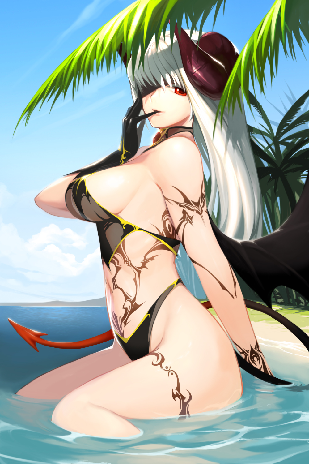 bikini black_bikini black_gloves breasts demon_horns demon_tail finger_in_mouth gloves groin highres horns large_breasts long_hair looking_at_viewer naughty_face partially_submerged red_eyes sideboob silver_hair sitting snowball22 solo swimsuit sword_girls tail tattoo wariza water