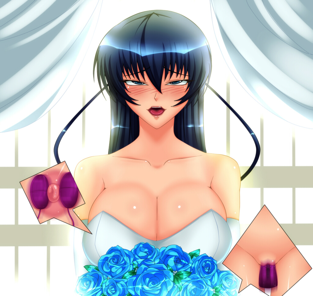 1girl ahegao bouquet breasts cleavage dress egg_vibrator flower igawa_asagi large_breasts lilith-soft nipples r-wade smile solo taimanin_asagi uncensored vibrator wedding_dress