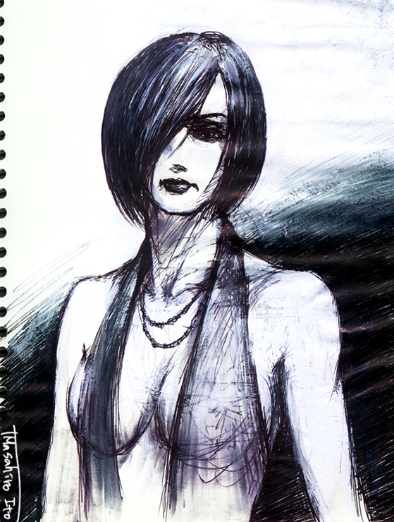 bangs breasts character_request cleavage dress eileen_galvin itou_masahiro jewelry lips masahiro_ito monochrome necklace official_art short_hair signature silent_hill silent_hill_4 sketch solo standing upper_body
