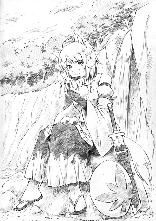 animal_ears eating greyscale hat inubashiri_momiji looking_at_viewer monochrome shield short_hair sitting solo sword tail tokin_hat touhou traditional_media vent_arbre weapon wolf_ears