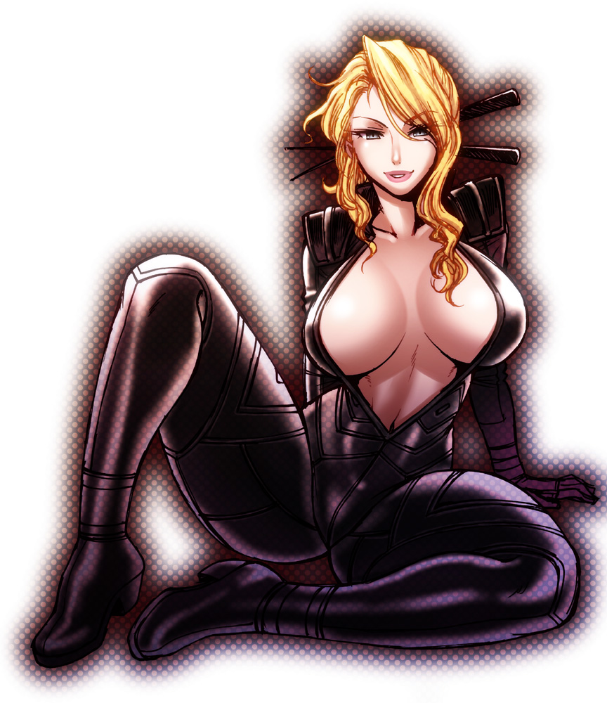 arm_support blonde_hair bodysuit breasts center_opening chiba_toshirou grey_eyes large_breasts legs lips long_hair long_legs nancy_lee naughty_face navel ninja_slayer skin_tight smile solo thick_thighs thighs unzipped
