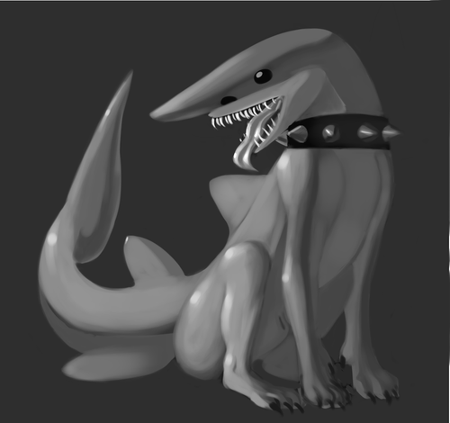 black_and_white canine collar dog fish goblin_shark grey_background grey_body grey_theme greyscale hybrid invalid_color long_tongue male mammal marine monochrome open_mouth plain_background shark sharp_teeth sheath sitting solo spiked_collar teeth tongue unknown_artist what_has_science_done